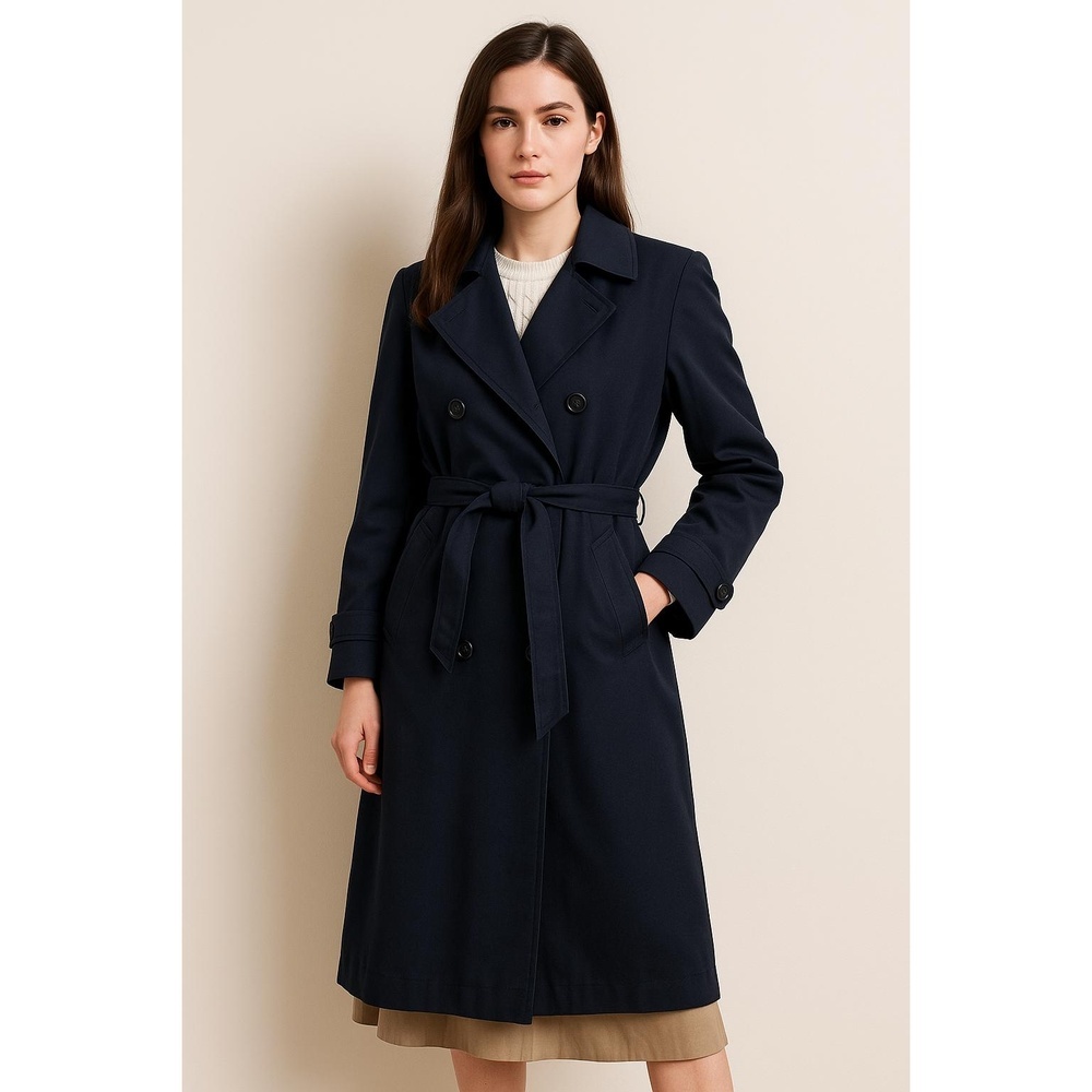 Vtg Jacqueline Ferrar Navy Double Breasted Trench Coat Women’s Belted Classic 12